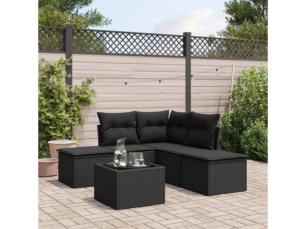 Salon de jardin 6 pcs avec coussins noir résine tressée