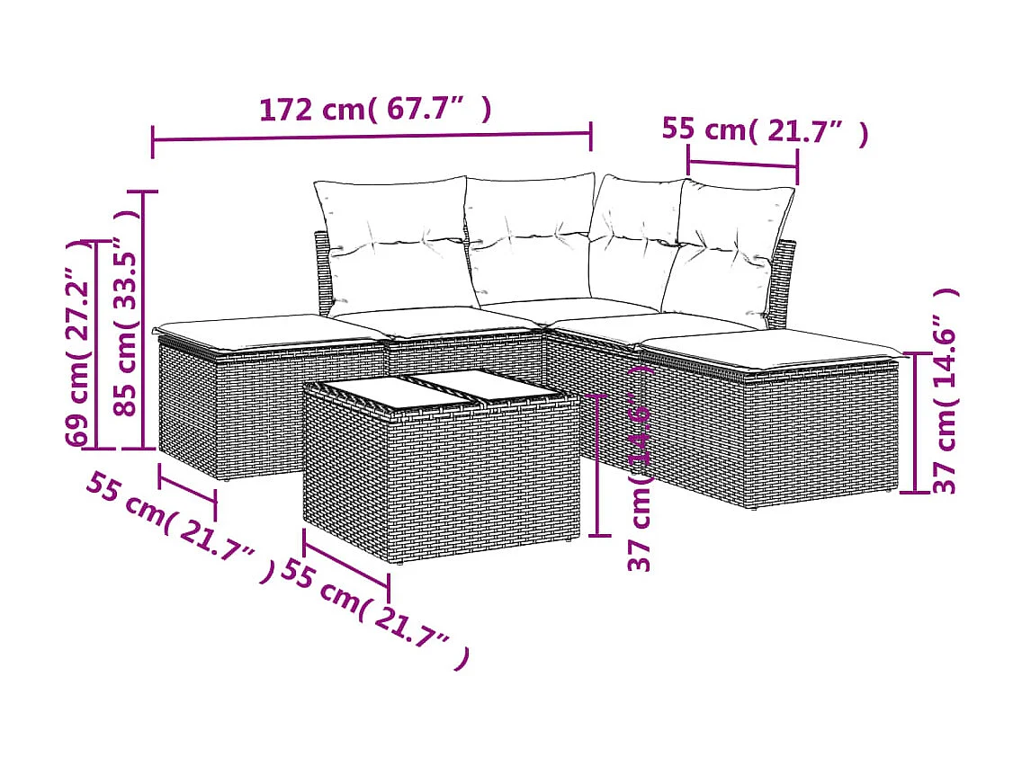 Salon de jardin 6 pcs avec coussins noir résine tressée
