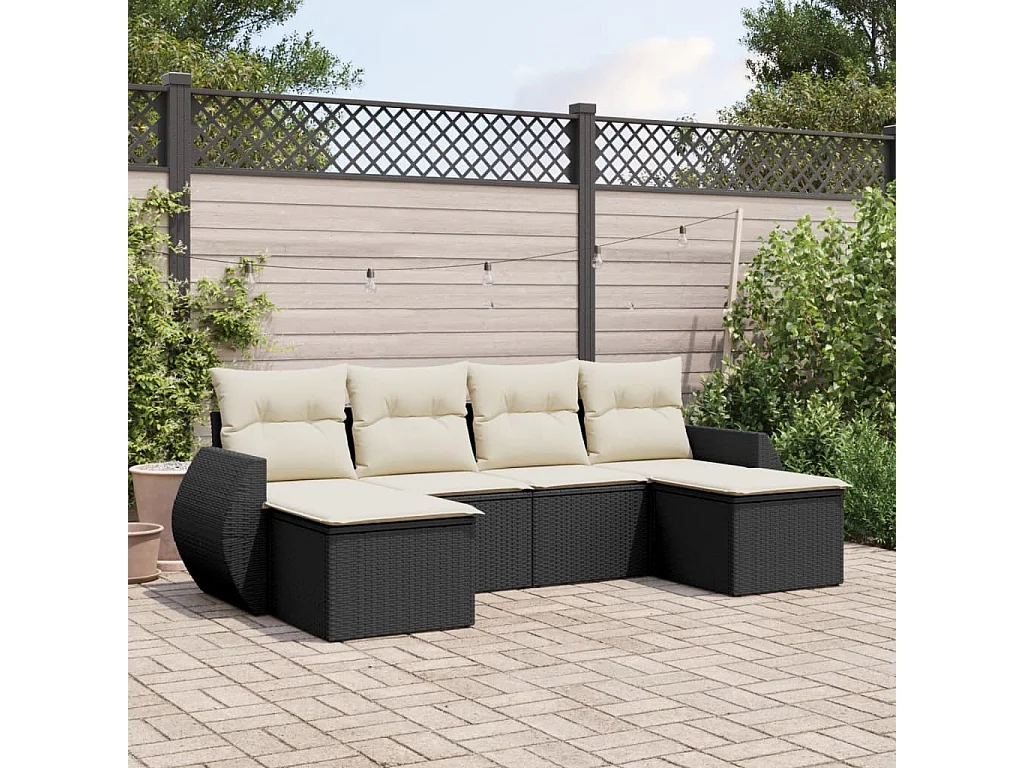 Salon de jardin 6 pcs avec coussins noir résine tressée