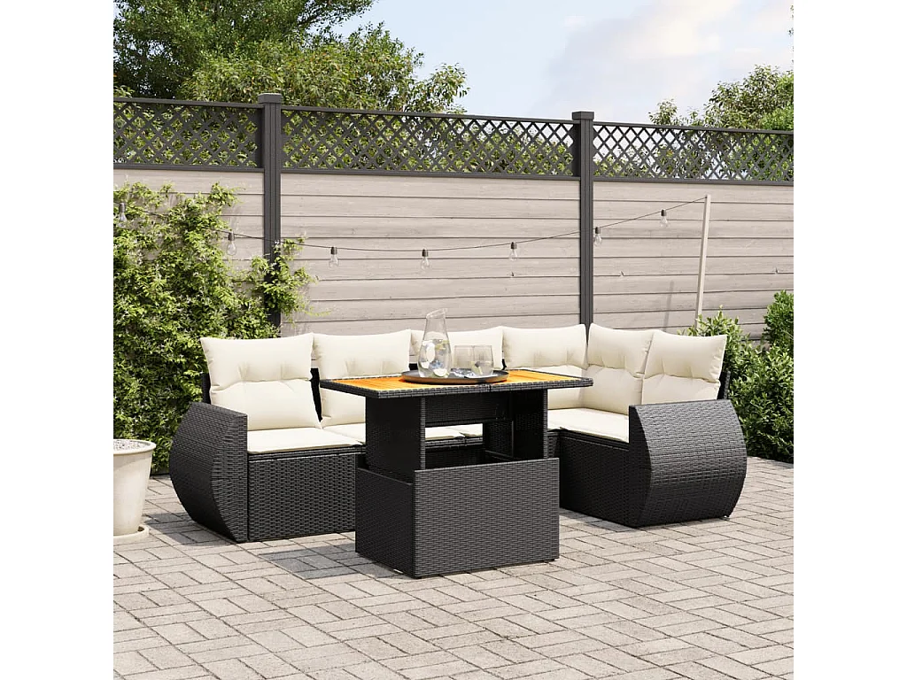 Salon de jardin 6 pcs avec coussins noir résine tressée