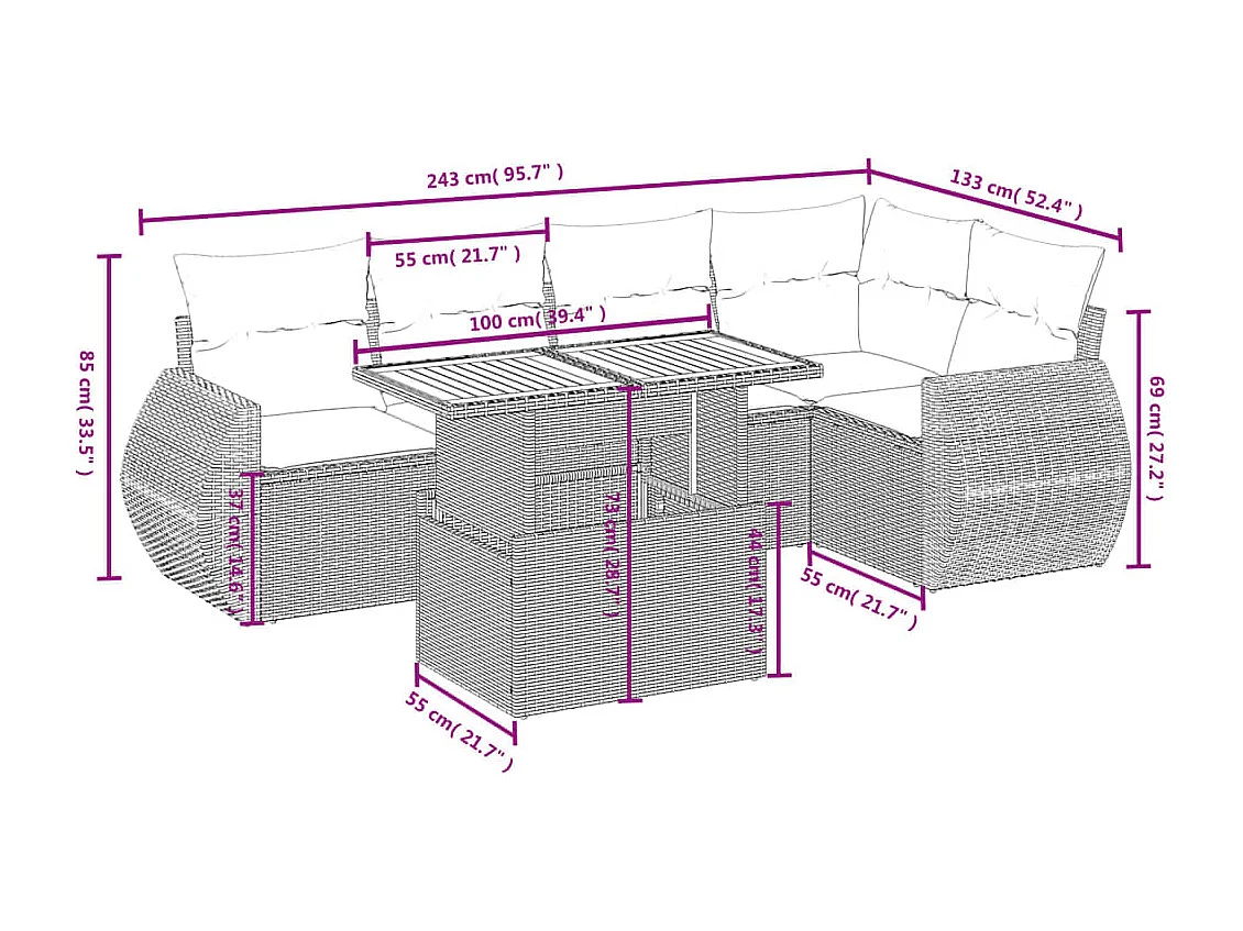 Salon de jardin 6 pcs avec coussins noir résine tressée