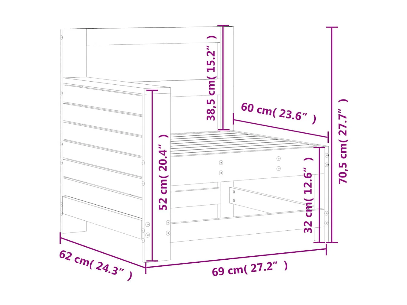 Canapé de jardin accoudoir 69x62x70,5 bois massif de pin
