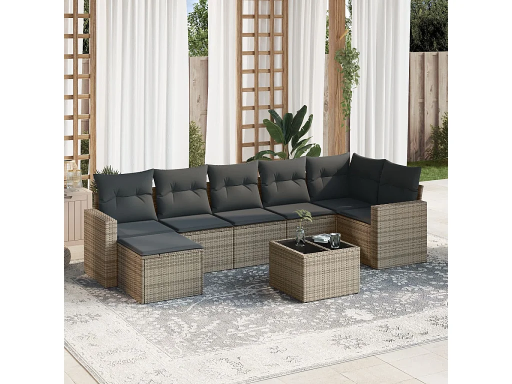 Salon de jardin 8 pcs avec coussins gris résine tressée