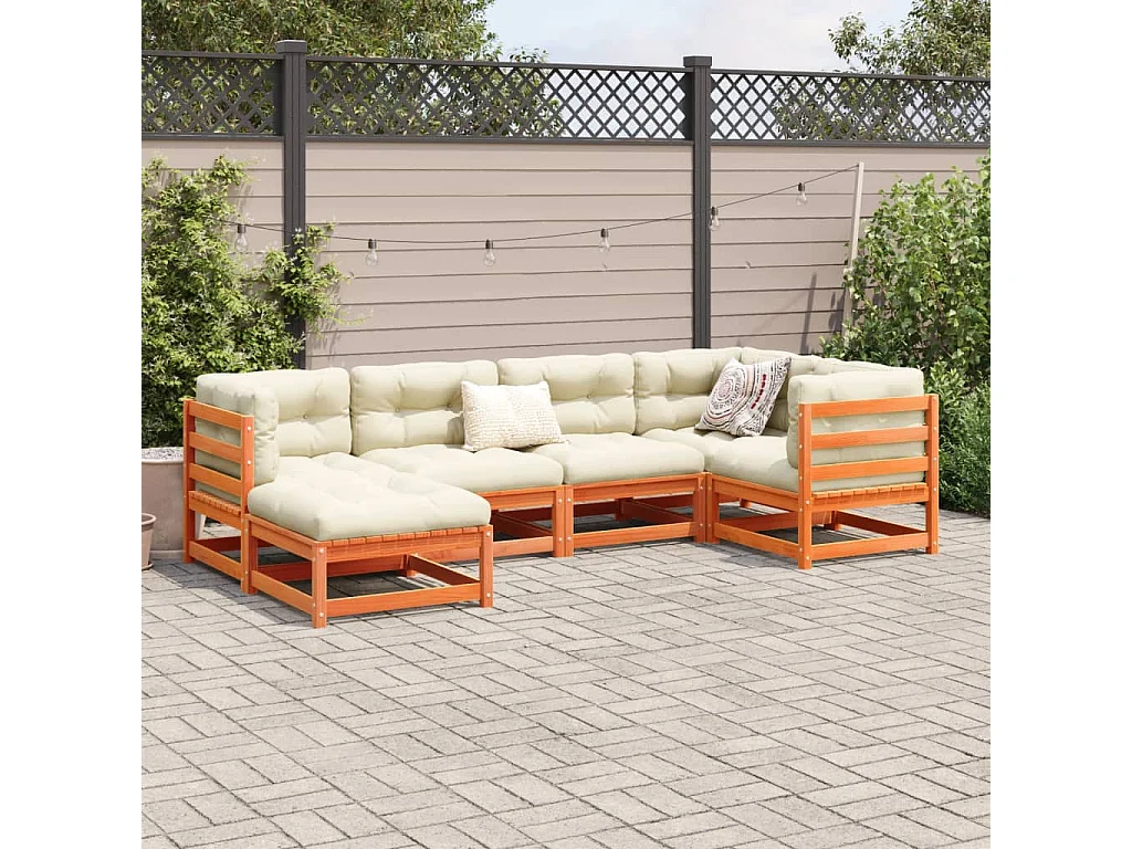 Salon de jardin 6 pcs avec coussins cire marron bois pin massif