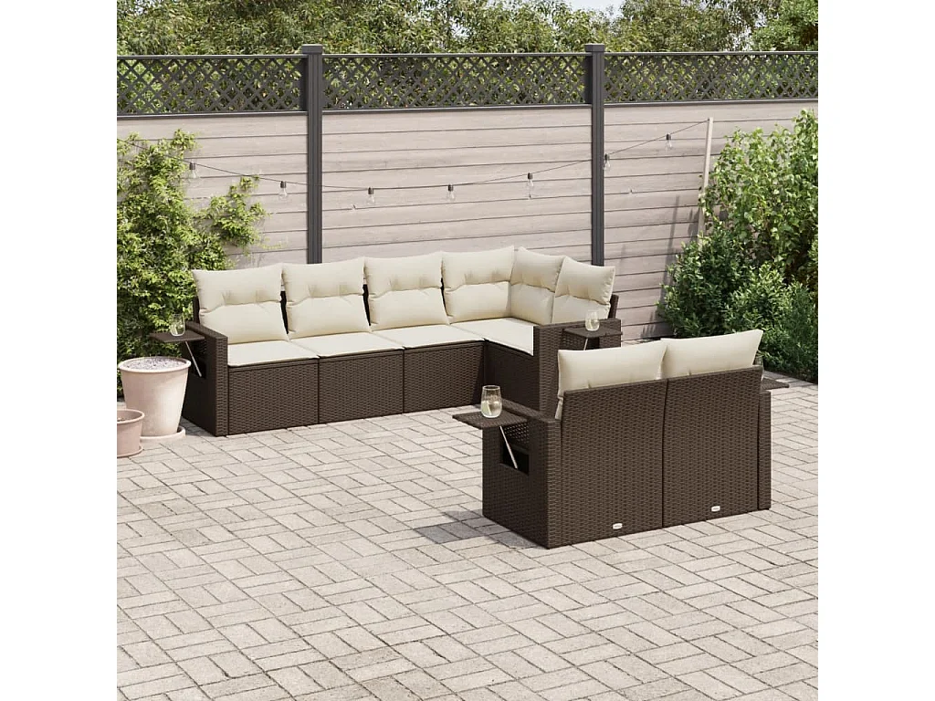 Salon de jardin avec coussins 7 pcs marron résine tressée