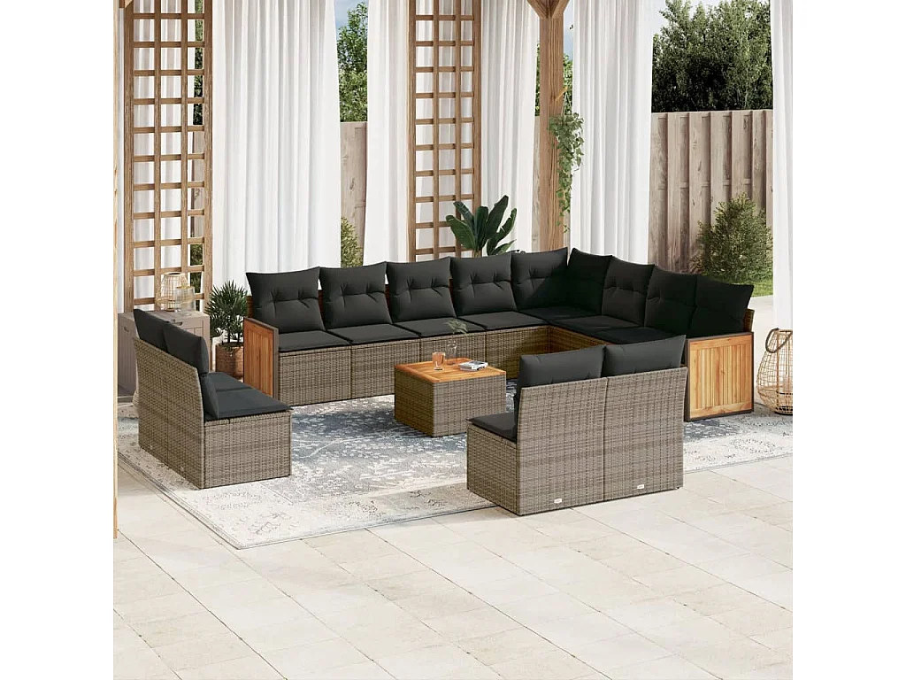 Salon de jardin avec coussins 13 pcs gris résine tressée