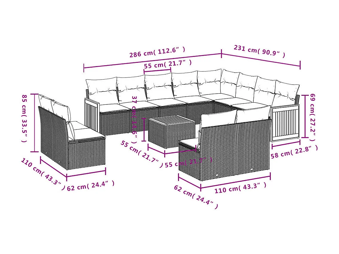 Salon de jardin avec coussins 13 pcs gris résine tressée