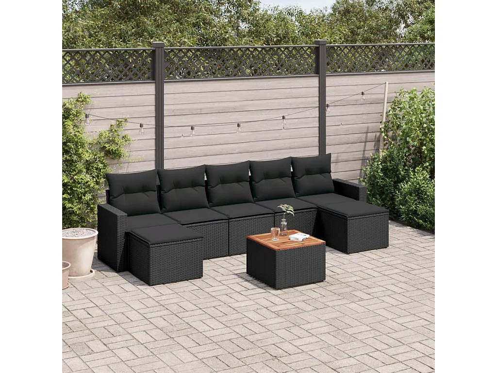 Salon de jardin 8 pcs avec coussins noir résine tressée