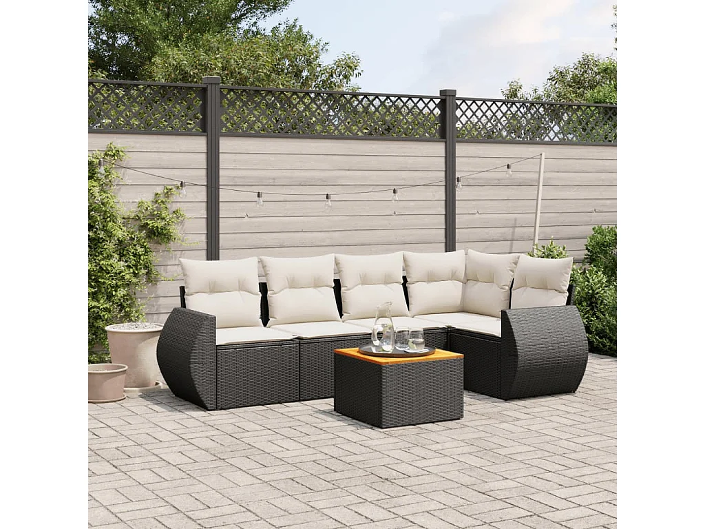 Salon de jardin 6 pcs avec coussins noir résine tressée