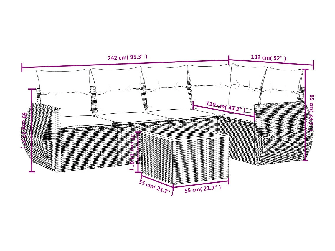 Salon de jardin 6 pcs avec coussins noir résine tressée