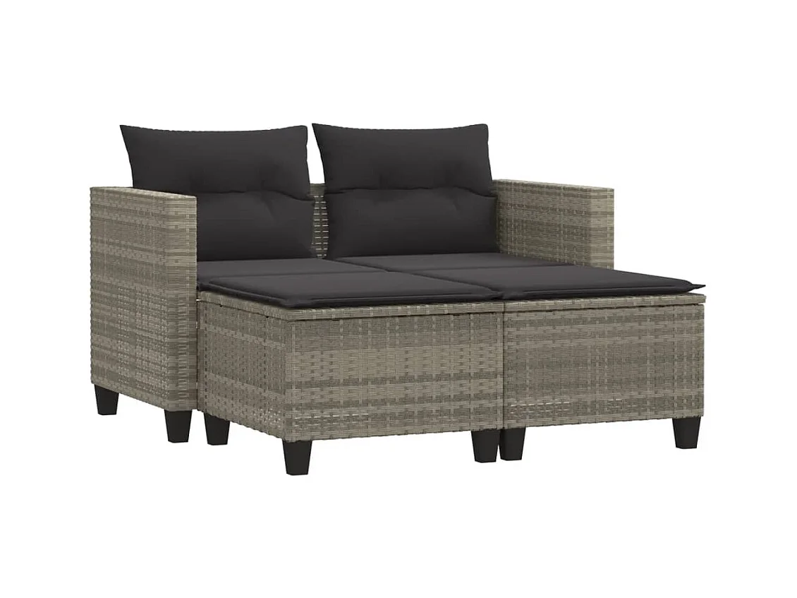 Canapé de jardin 2 places avec tabourets gris clair poly rotin