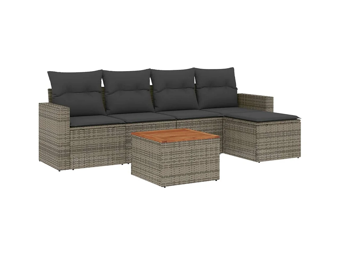 Salon de jardin 6 pcs avec coussins gris résine tressée