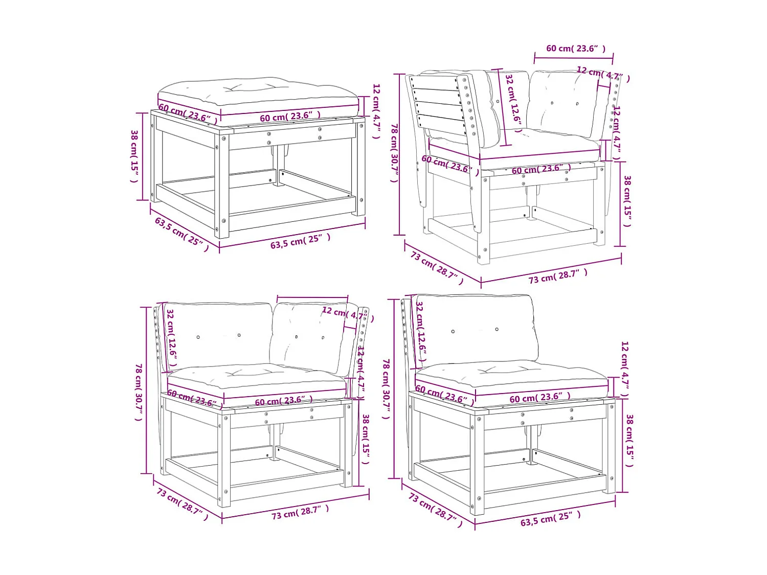 Salon de jardin 8 pcs avec coussins Bois de pin massif