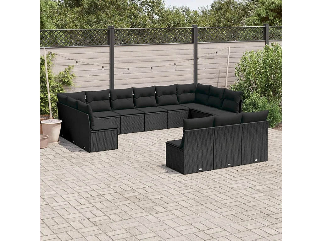 Salon de jardin avec coussins 13 pcs noir résine tressée