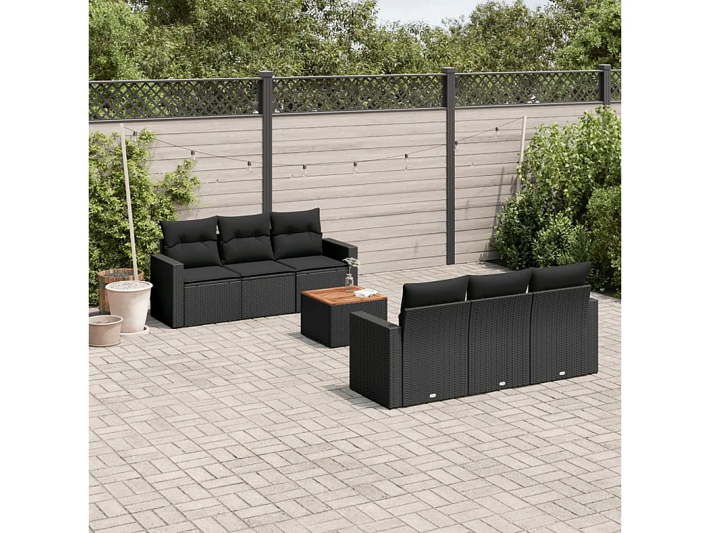 Salon de jardin 7 pcs avec coussins noir résine tressée