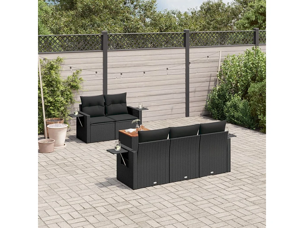 Salon de jardin 6 pcs avec coussins noir résine tressée