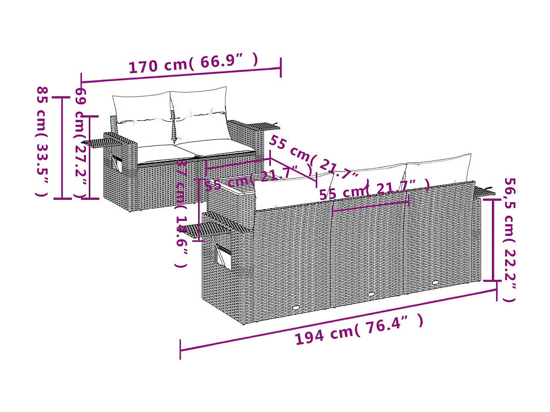Salon de jardin 6 pcs avec coussins noir résine tressée