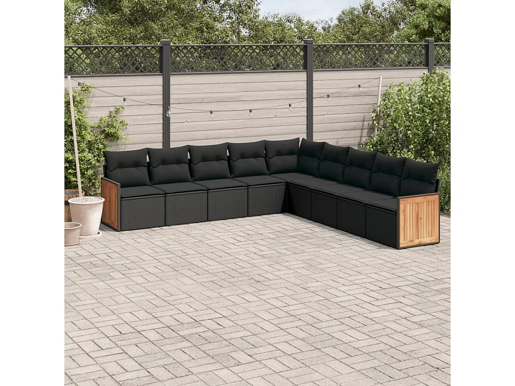 Salon de jardin 9 pcs avec coussins noir résine tressée