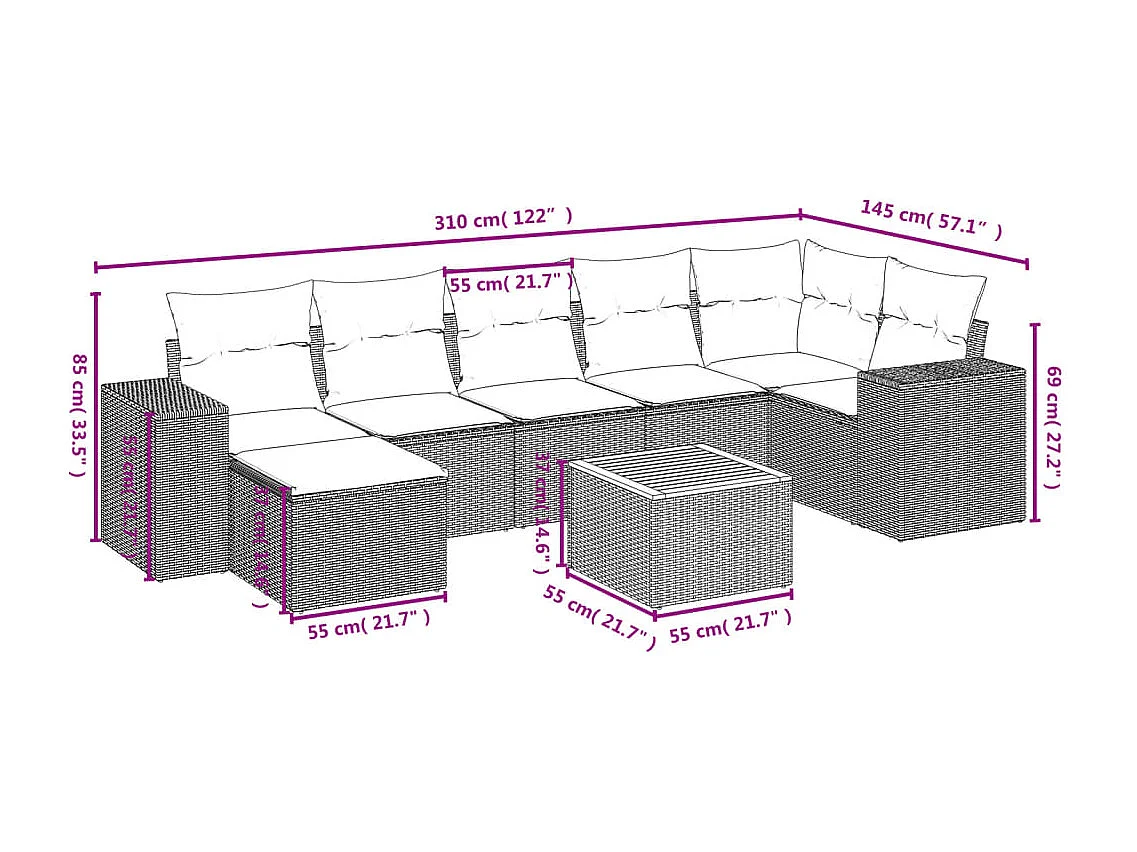 Salon de jardin 8 pcs avec coussins noir résine tressée