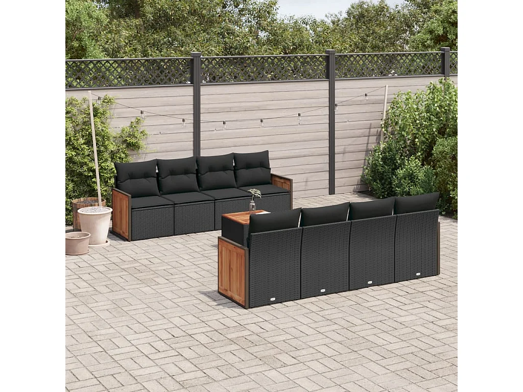 Salon de jardin 9 pcs avec coussins noir résine tressée