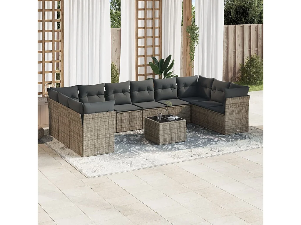Salon de jardin 11 pcs avec coussins gris résine tressée