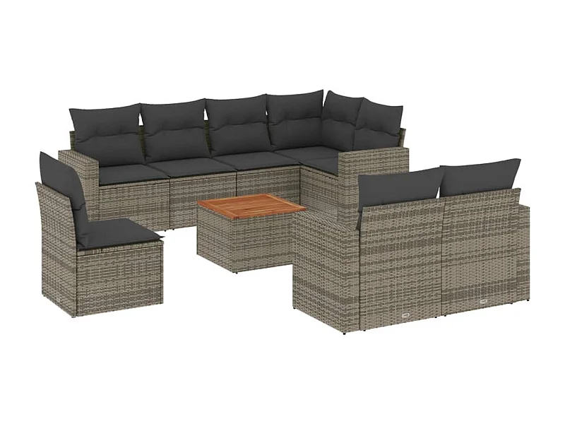 Salon de jardin 9 pcs avec coussins gris résine tressée
