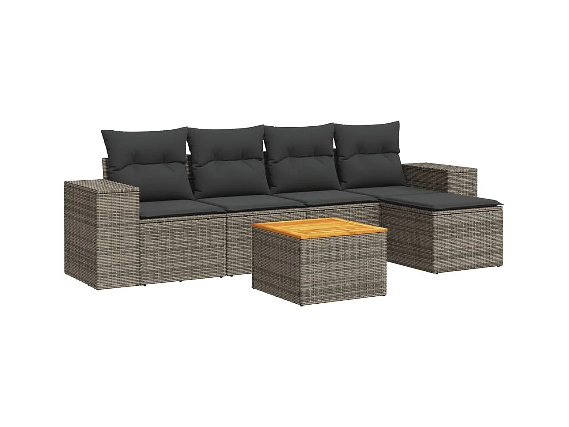 Salon de jardin 6 pcs avec coussins gris résine tressée