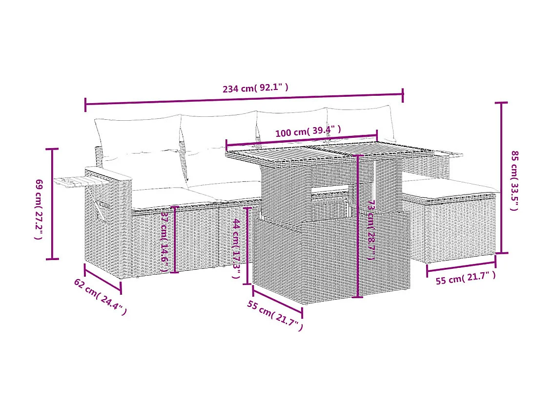 Salon de jardin 6 pcs avec coussins noir résine tressée