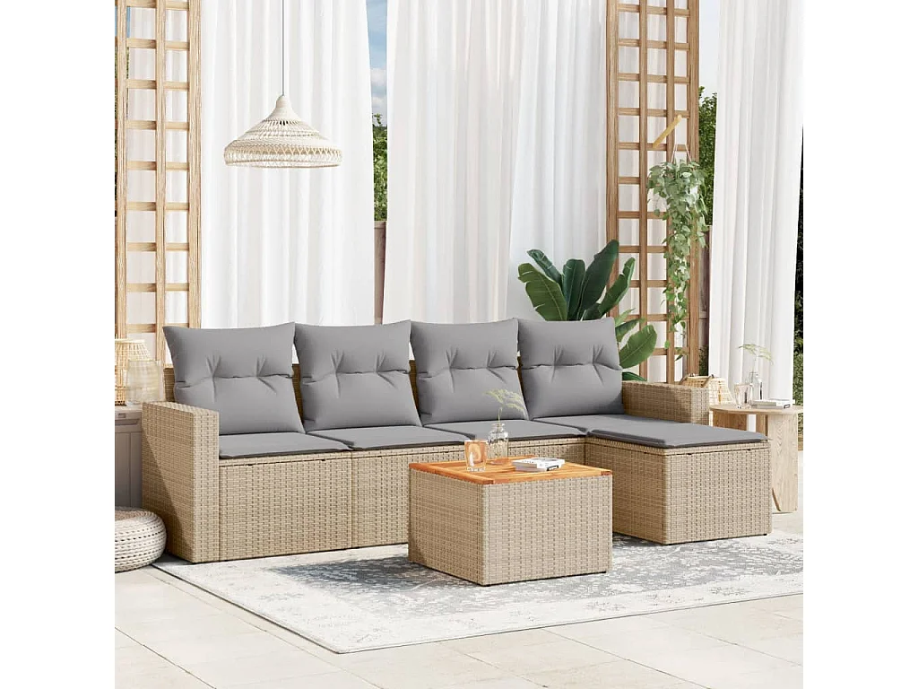 Salon de jardin avec coussins 6 pcs beige résine tressée