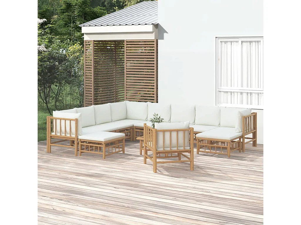 Salon de jardin 12 pcs avec coussins blanc crème bambou