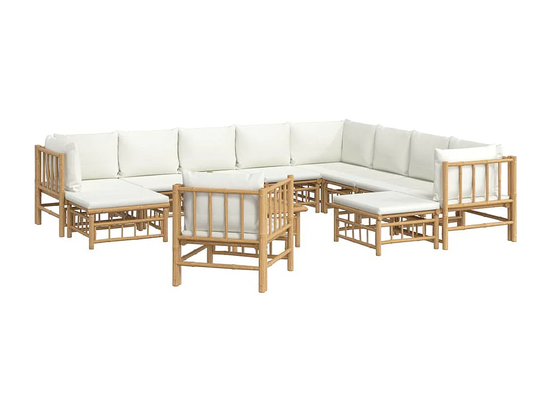 Salon de jardin 12 pcs avec coussins blanc crème bambou