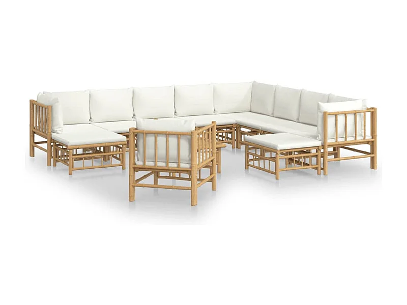 Salon de jardin 12 pcs avec coussins blanc crème bambou