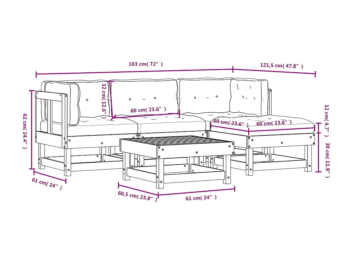 Salon de jardin 5 pcs avec coussins blanc bois massif