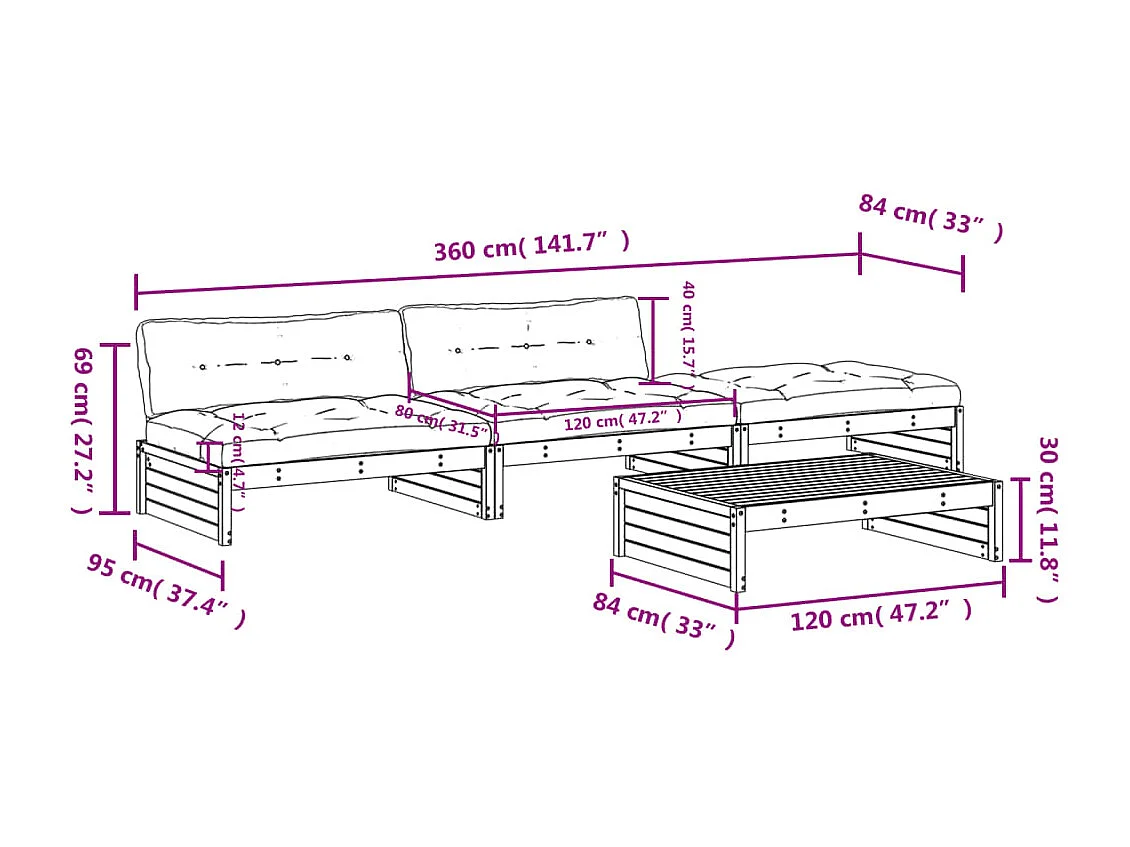 Salon de jardin 4 pcs avec coussins blanc bois massif