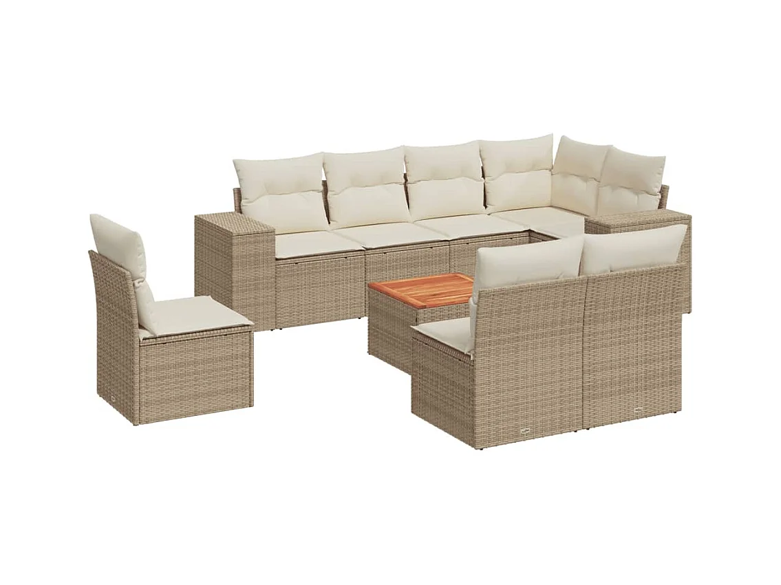 Salon de jardin avec coussins 9 pcs beige résine tressée