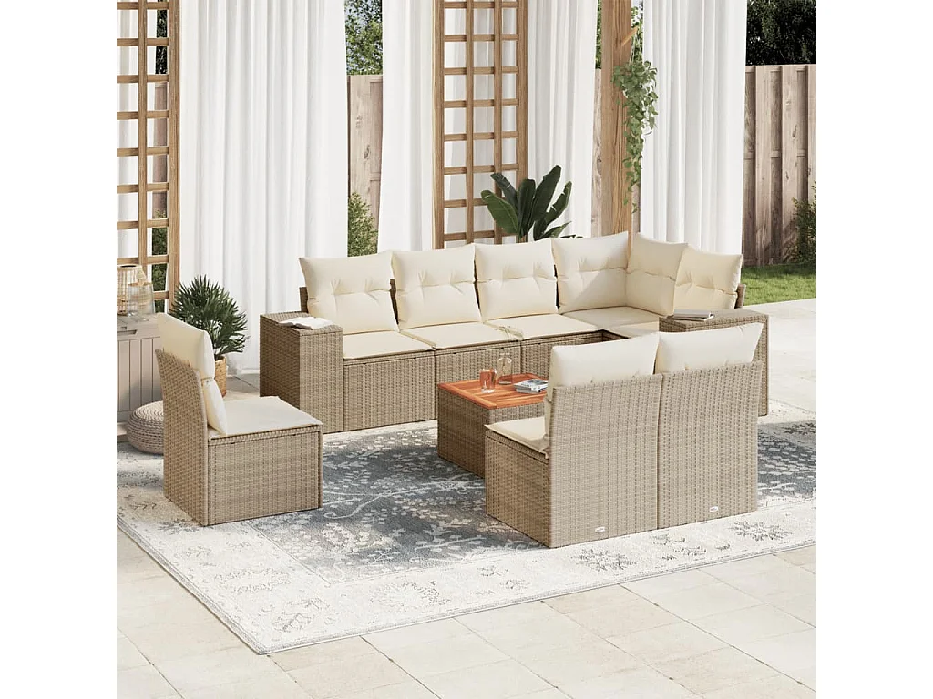 Salon de jardin avec coussins 9 pcs beige résine tressée