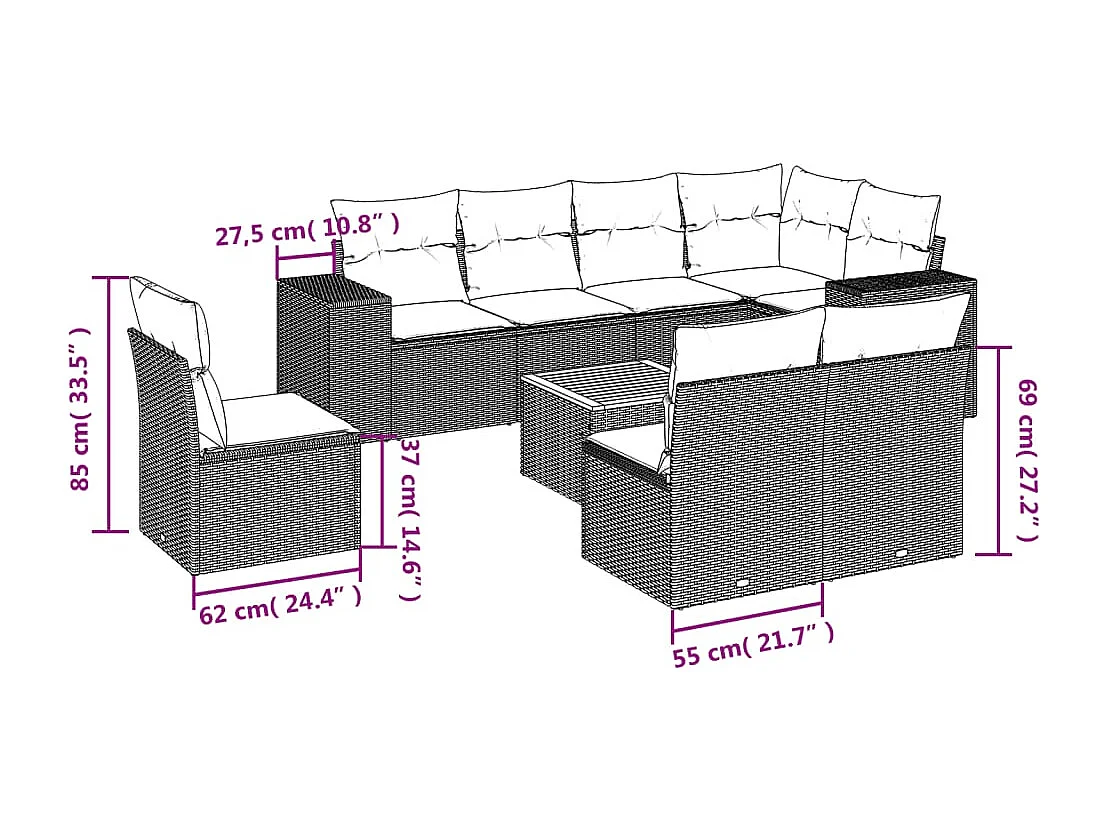 Salon de jardin avec coussins 9 pcs beige résine tressée