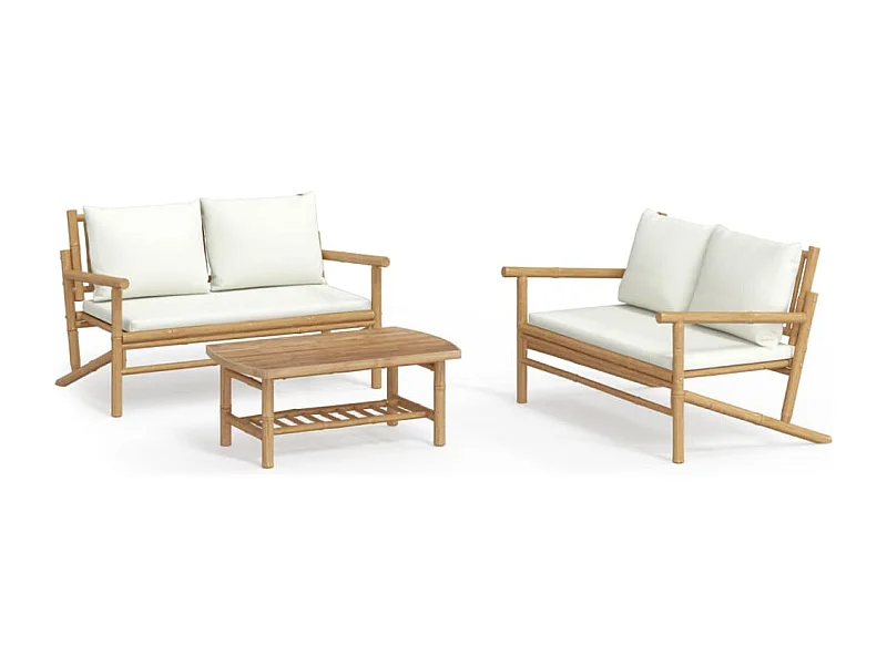 Salon de jardin 3 pcs avec coussins blanc crème bambou