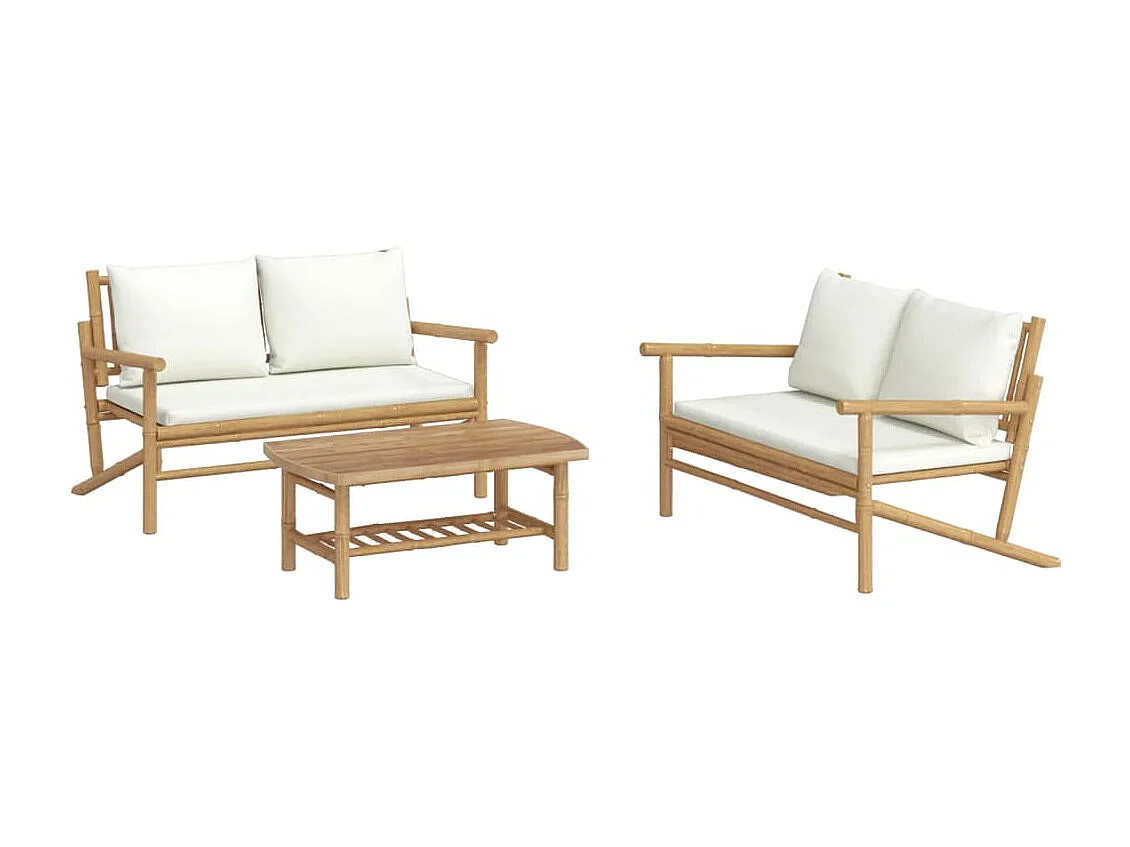 Salon de jardin 3 pcs avec coussins blanc crème bambou