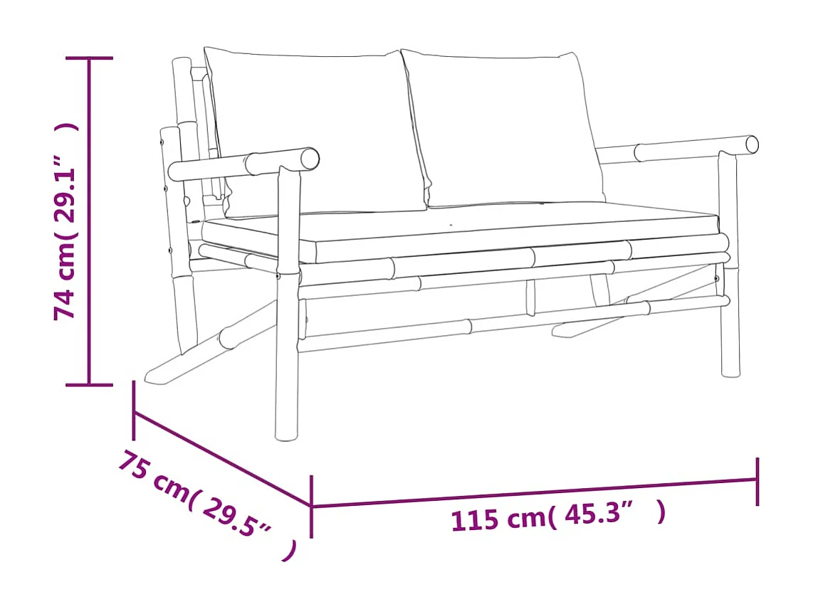 Salon de jardin 3 pcs avec coussins blanc crème bambou