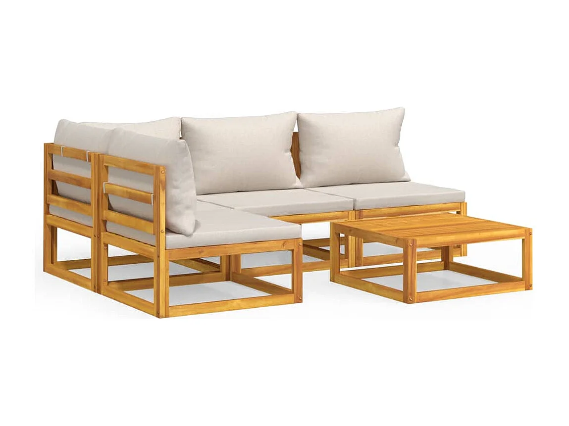 Salon de jardin 5 pcs avec coussins gris clair bois massif