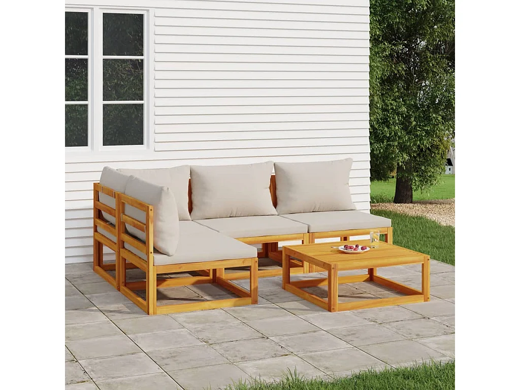 Salon de jardin 5 pcs avec coussins gris clair bois massif