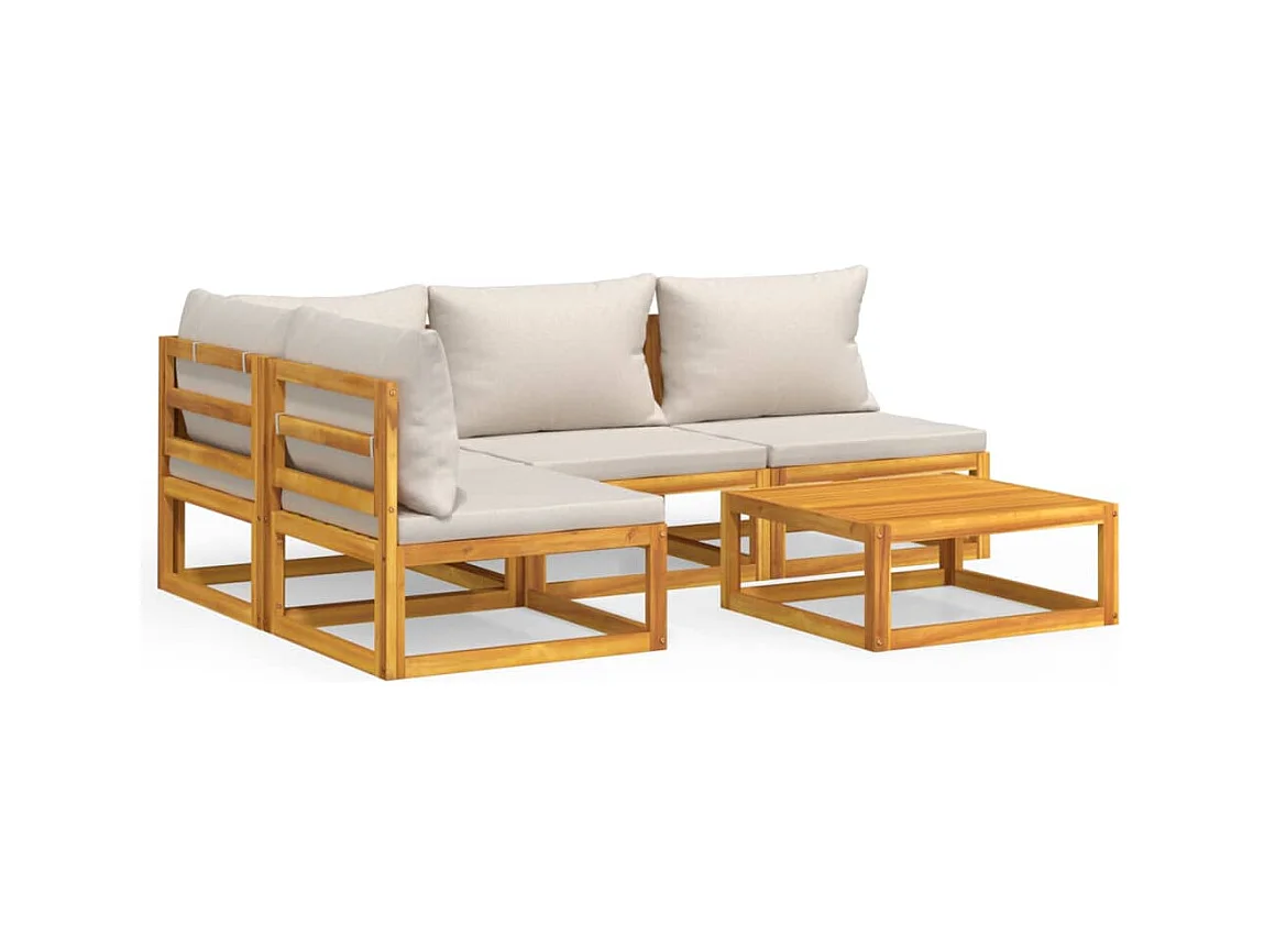 Salon de jardin 5 pcs avec coussins gris clair bois massif