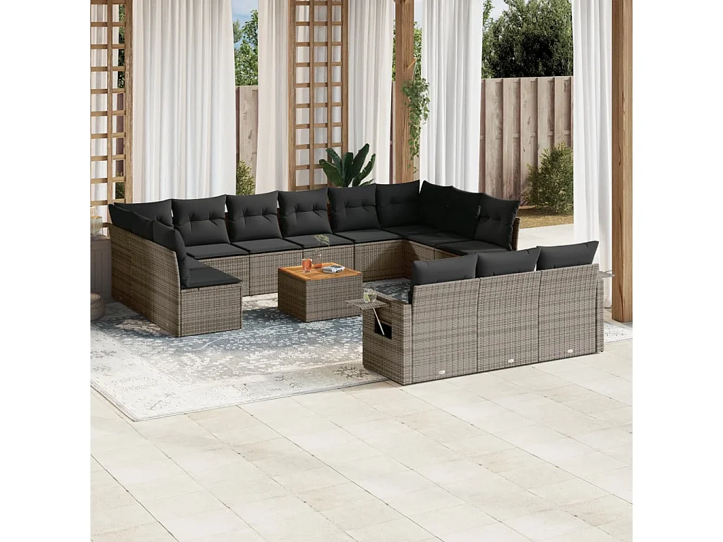 Salon de jardin avec coussins 14 pcs gris résine tressée