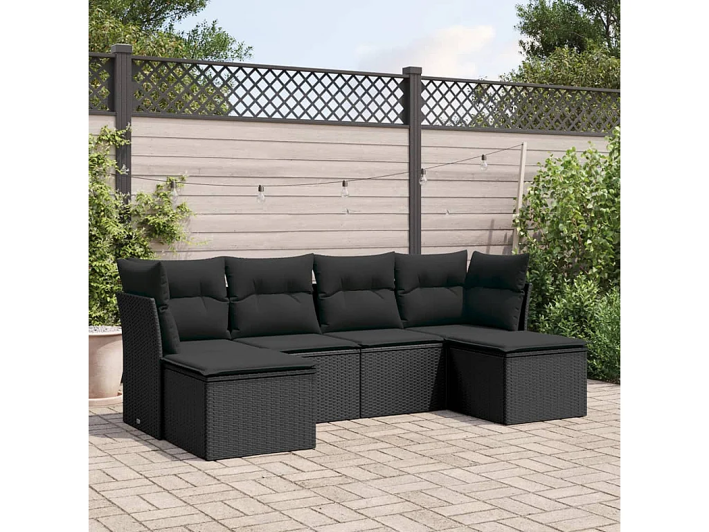 Salon de jardin 6 pcs avec coussins noir résine tressée