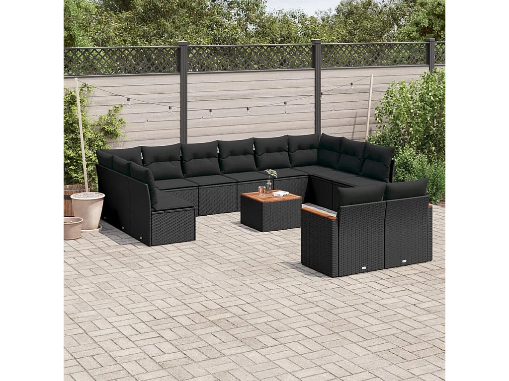 Salon de jardin avec coussins 13 pcs noir résine tressée