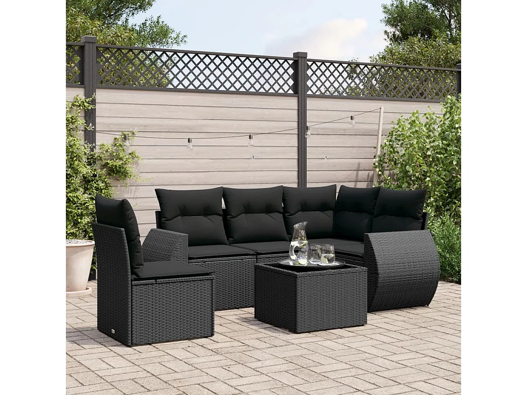 Salon de jardin 6 pcs avec coussins noir résine tressée