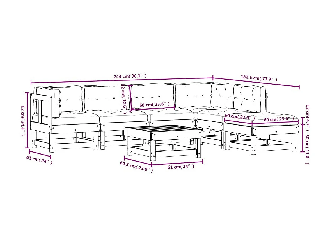 Salon de jardin 7 pcs avec coussins blanc bois massif
