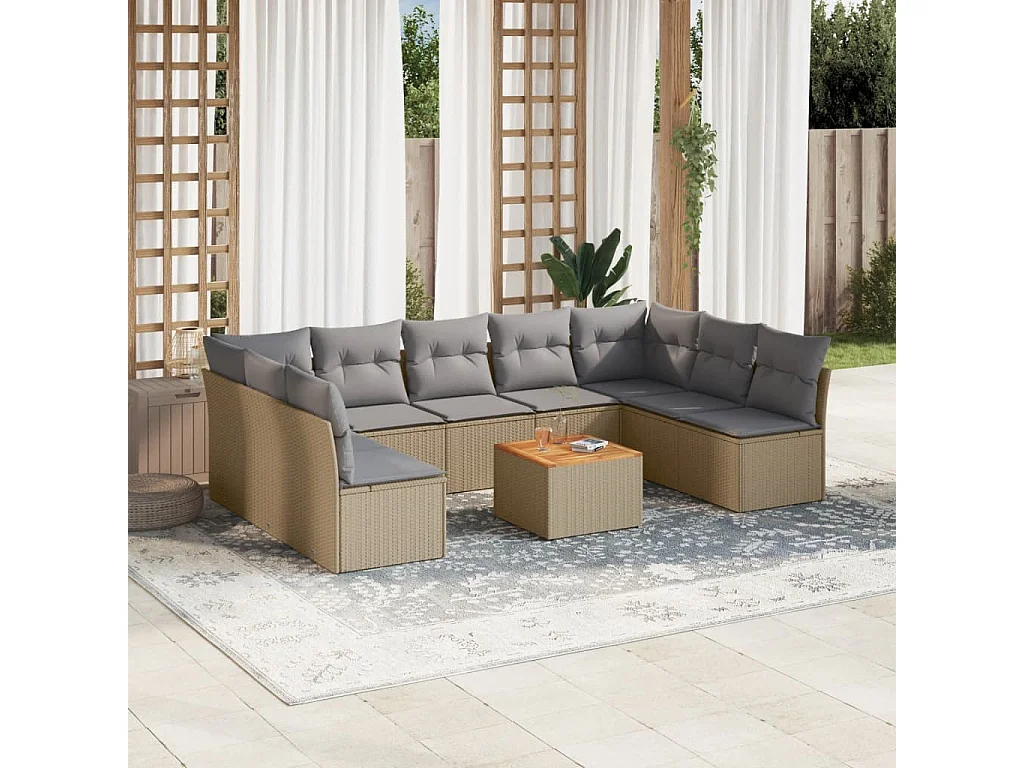 Salon de jardin et coussins 10 pcs mélange beige résine tressée