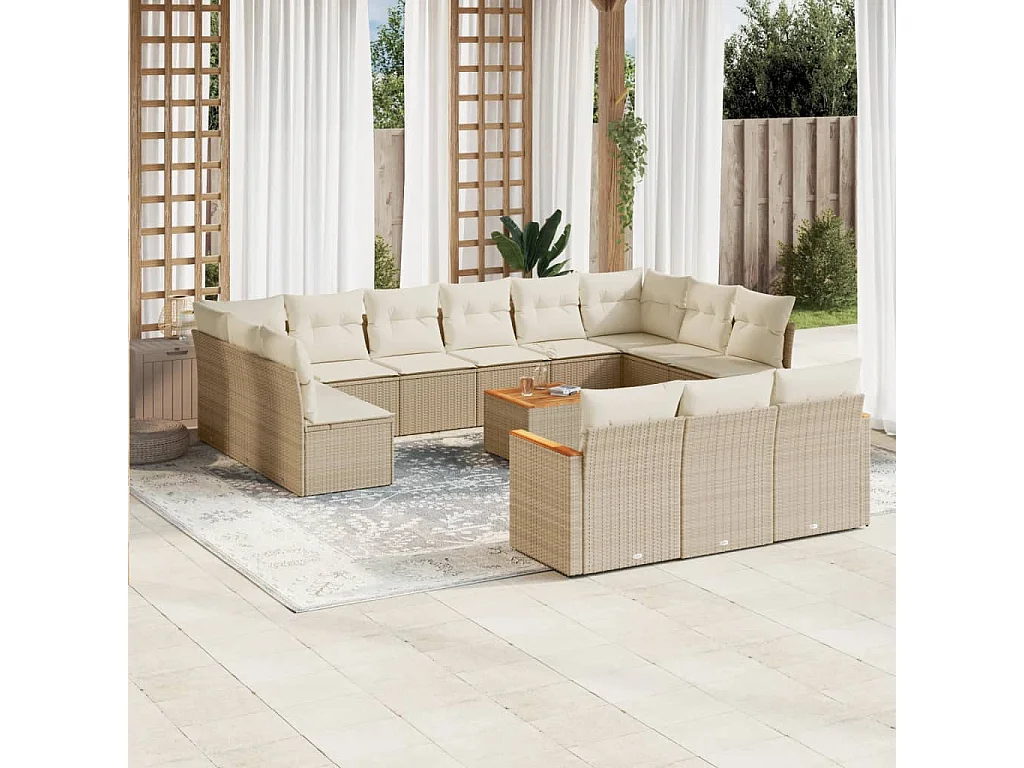 Salon de jardin avec coussins 14 pcs beige résine tressée